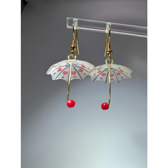 Umbrella Red and White Heart Dangles Gold Tone Stainless Steel Hooks - Picture 3 of 9